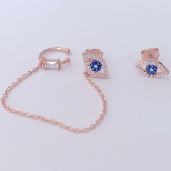Jewelry - 925 Silver evileye cz cubic earrings with chain cuff 14K rose gold plated